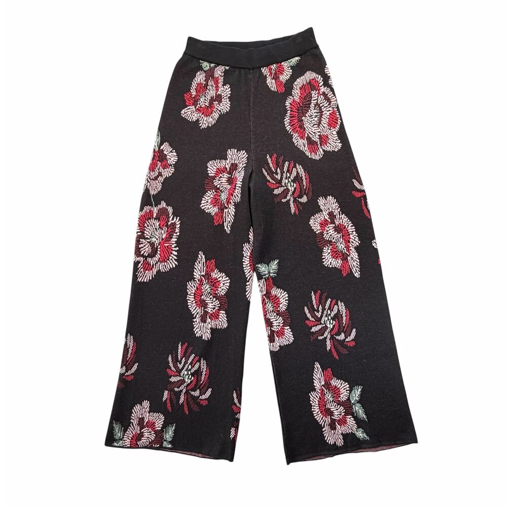 Anthropologie Laia NEW Black Floral Knit 100% Cotton Cozy Comfort Warm Pants